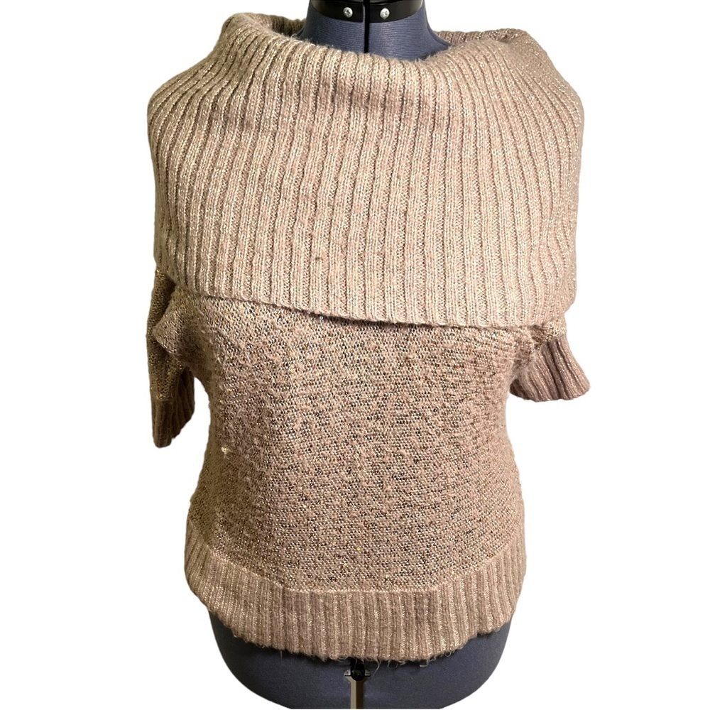 Elle Women's Size Medium Cowl Neck Off Shoulder Sweater Beige Gold Metallic Knit